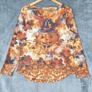 One World Top Large Halloween Whimsigoth Pumpkin Fall Rhinestones All Over Print